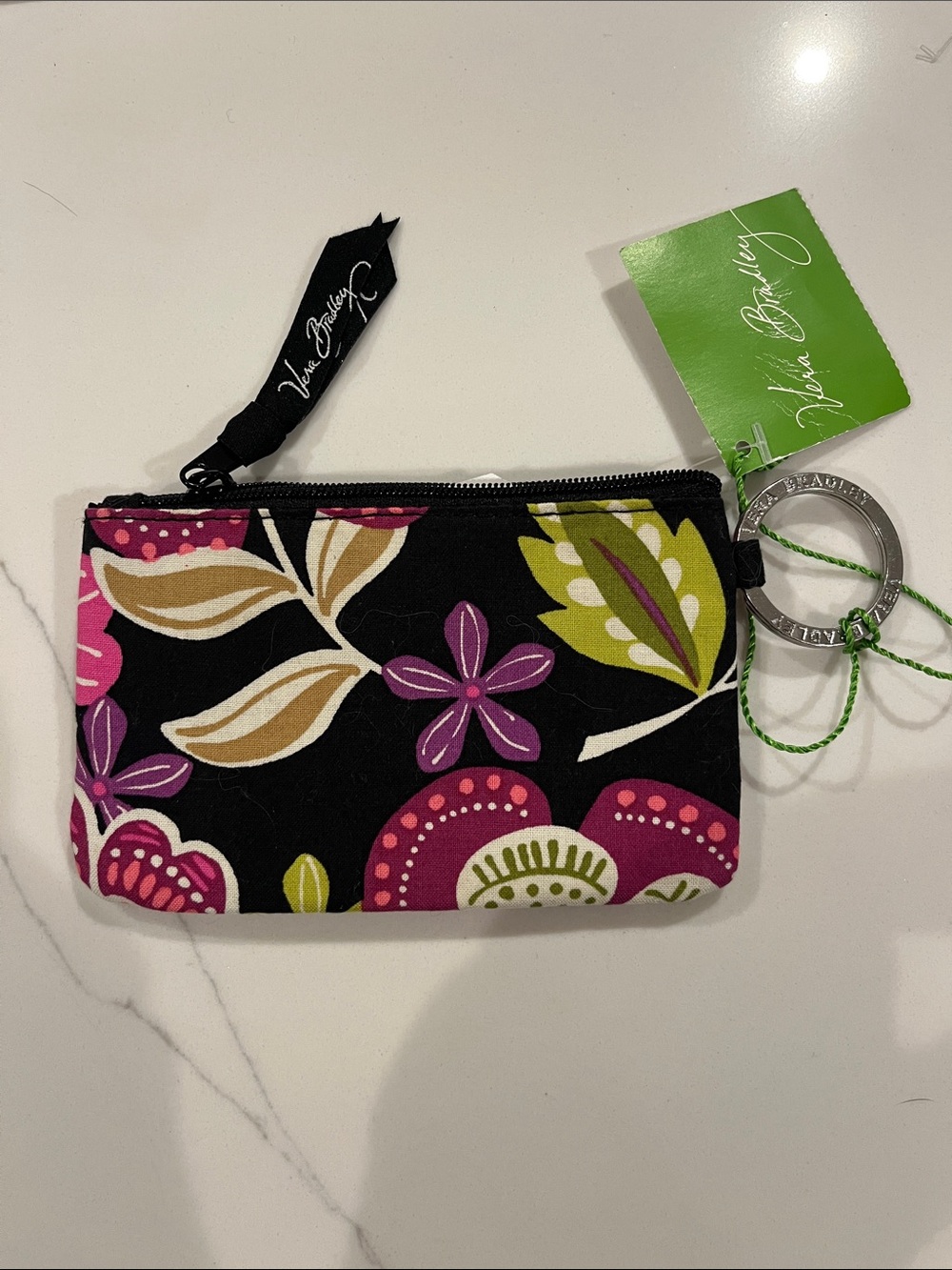Vera Bradley Black Floral Quilted Zip Coin Pouch with Pink, Purple & Green